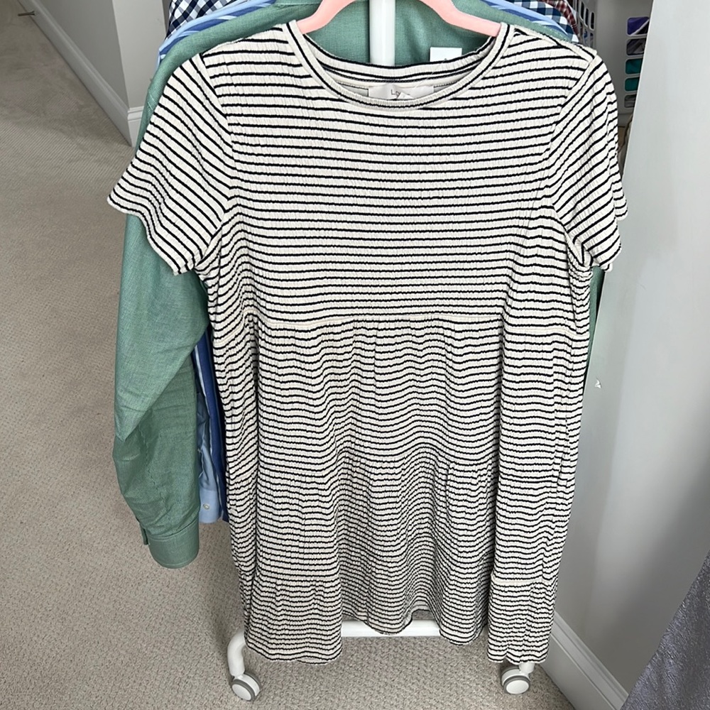 LOFT NWT Black/cream stripe short sleeve tiered dress